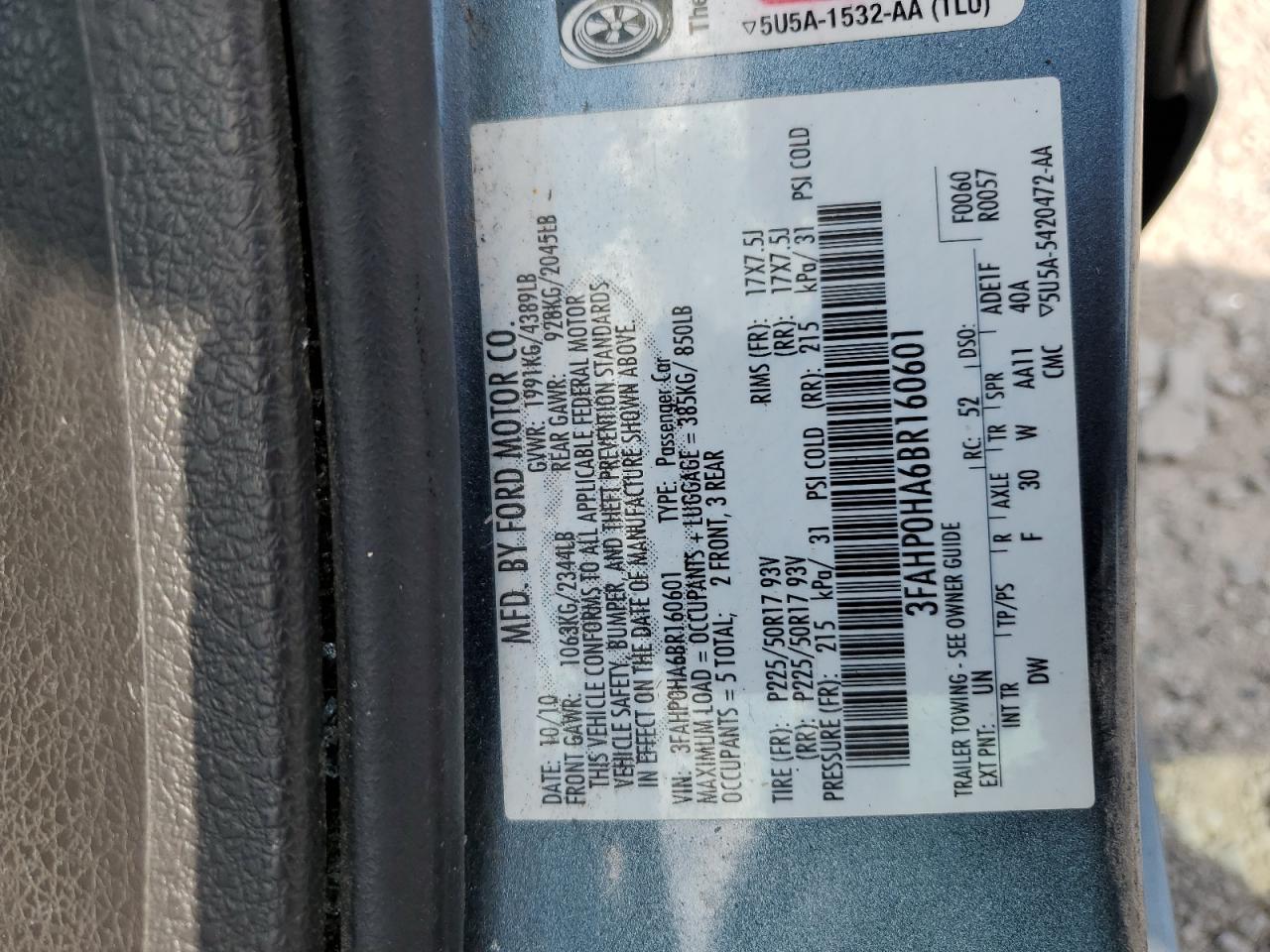 2011 Ford Fusion Se VIN: 3FAHP0HA6BR160601 Lot: 65617054