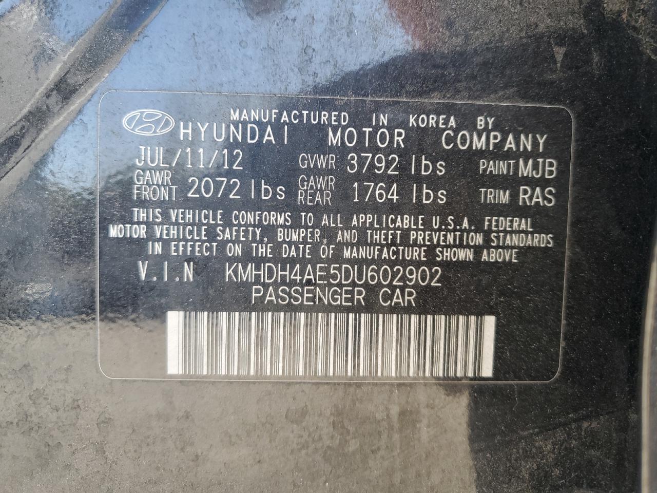 KMHDH4AE5DU602902 2013 Hyundai Elantra Gls