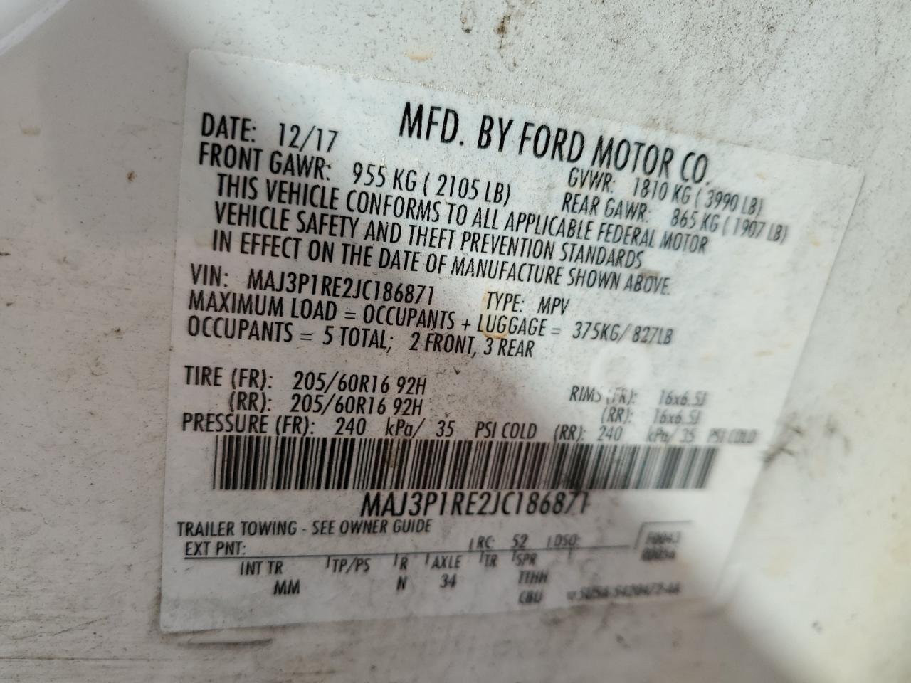 2018 Ford Ecosport S VIN: MAJ3P1RE2JC186871 Lot: 69195244