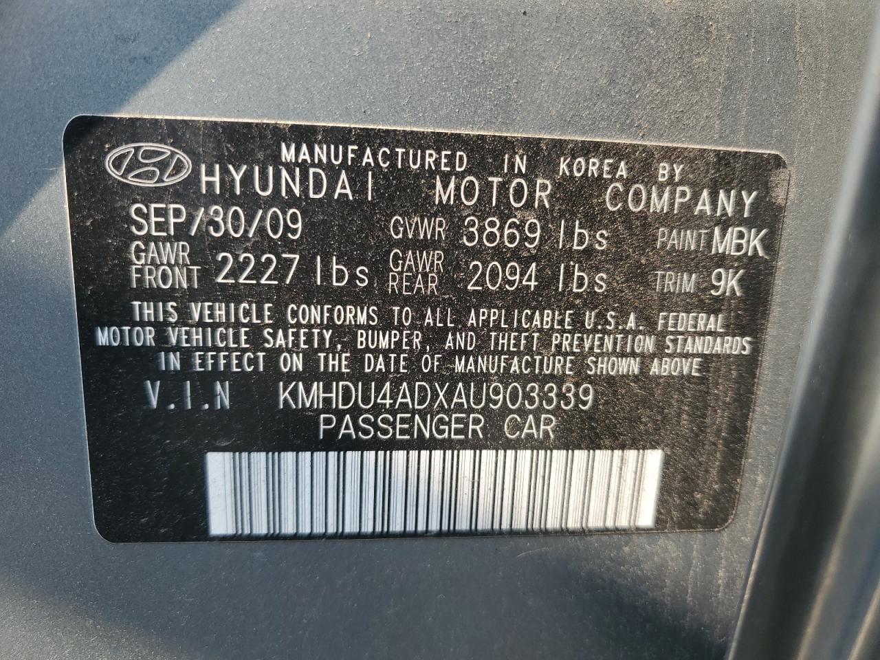 2010 Hyundai Elantra Blue VIN: KMHDU4ADXAU903339 Lot: 66008494