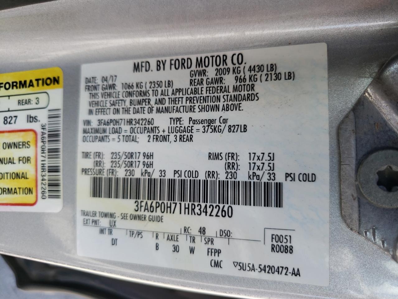 3FA6P0H71HR342260 2017 Ford Fusion Se