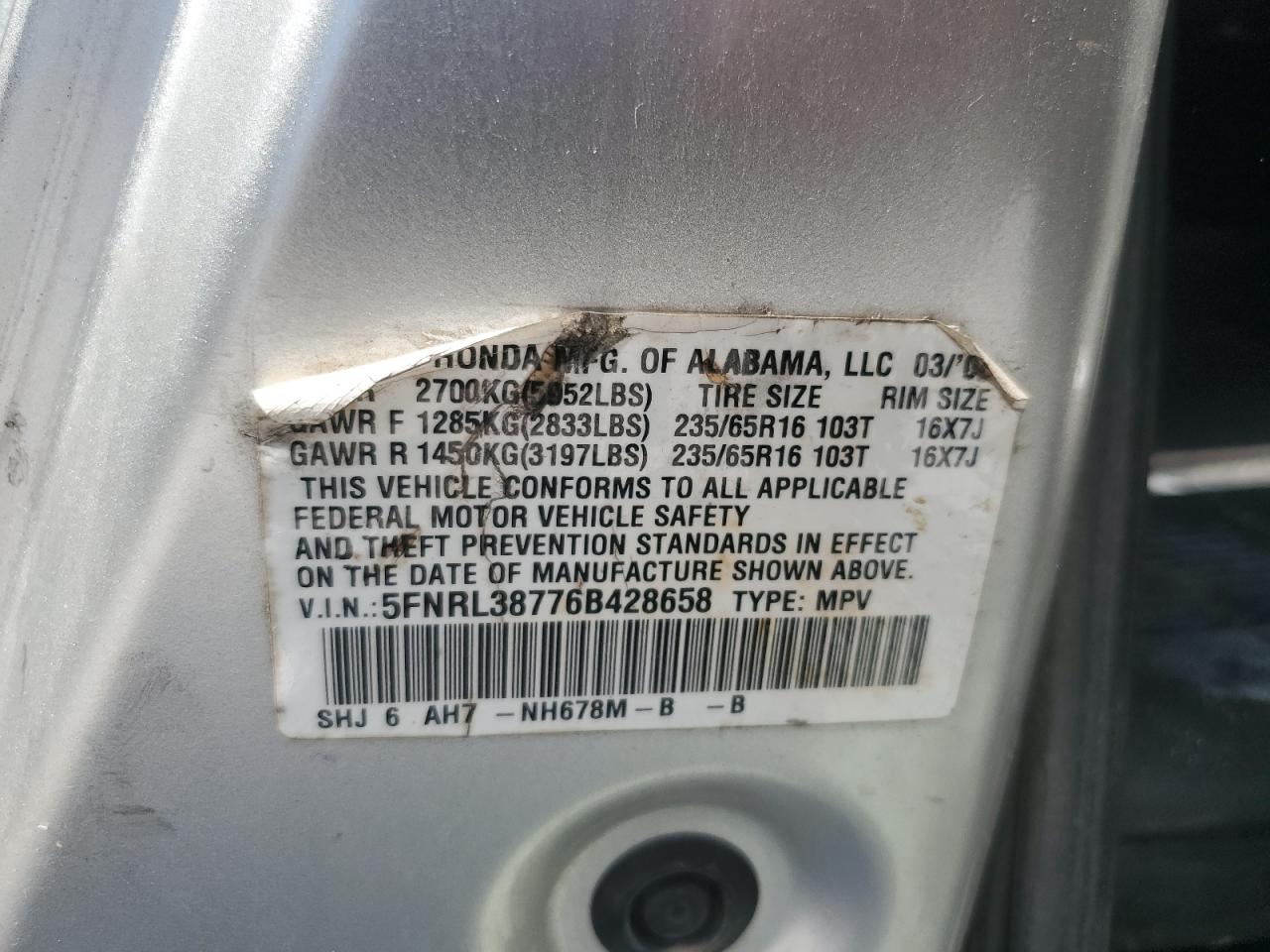 5FNRL38776B428658 2006 Honda Odyssey Exl