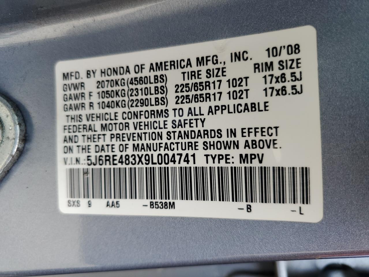 2009 Honda Cr-V Lx VIN: 5J6RE483X9L004741 Lot: 66954894