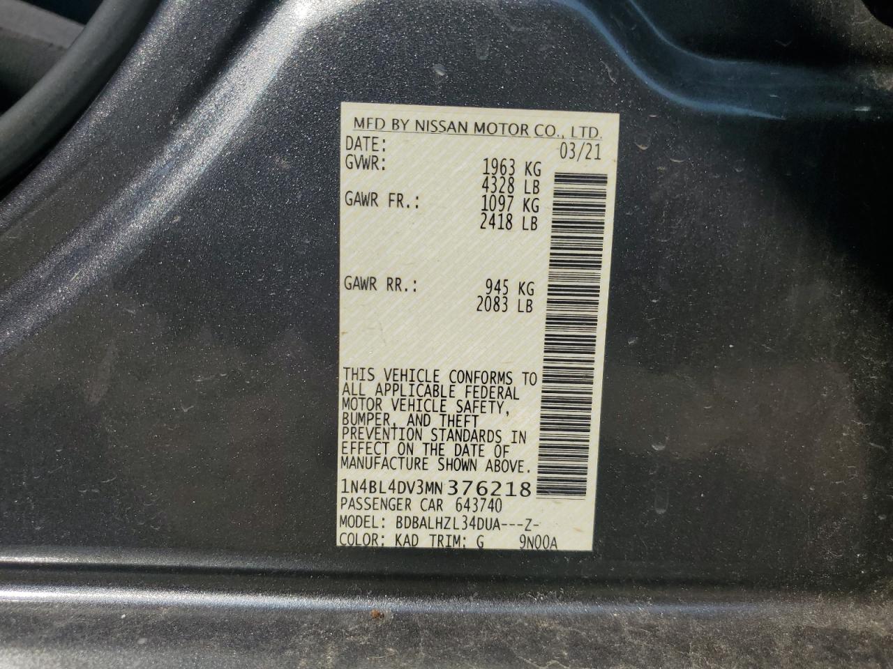 1N4BL4DV3MN376218 2021 Nissan Altima Sv