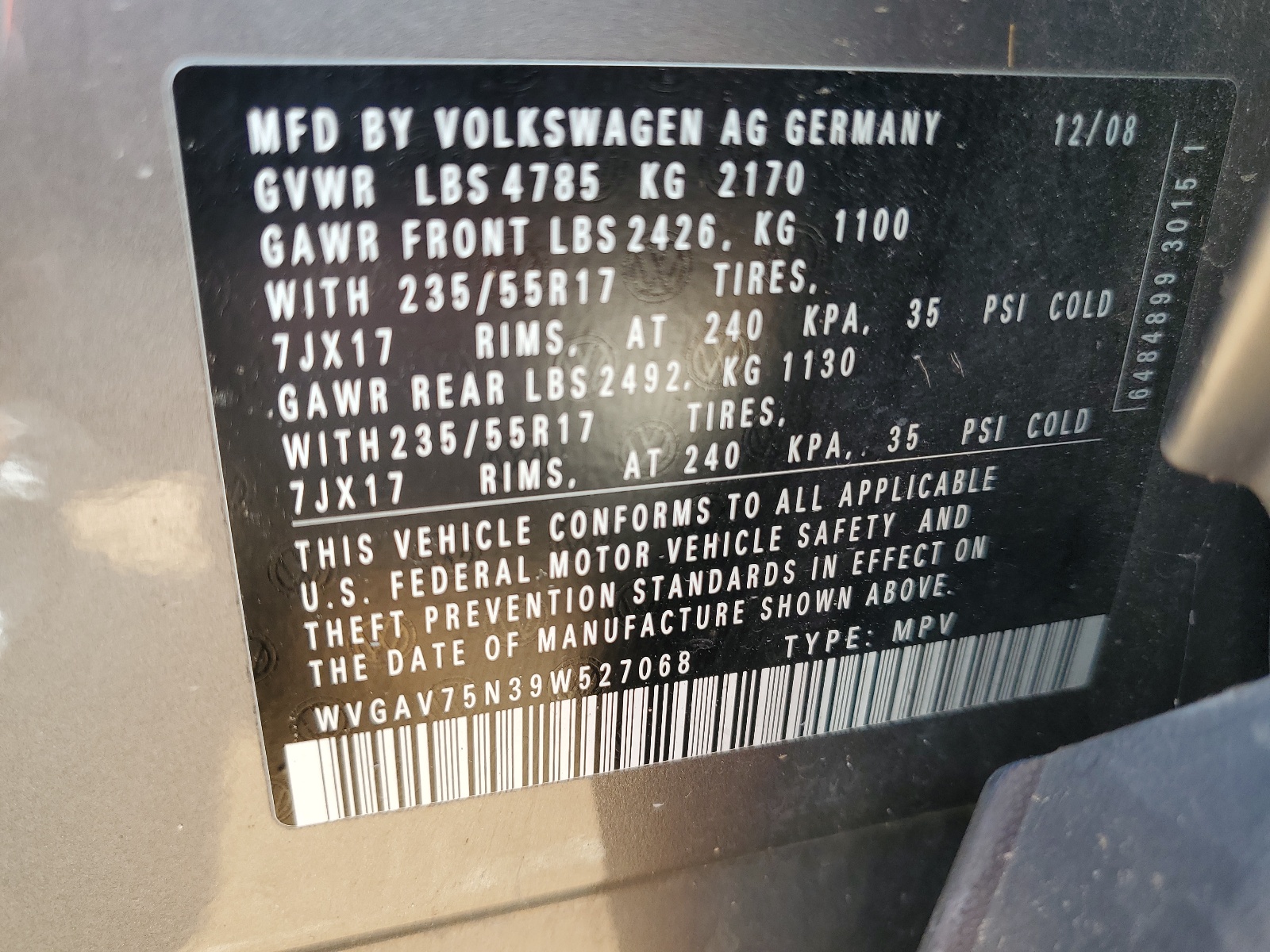 WVGAV75N39W527068 2009 Volkswagen Tiguan S