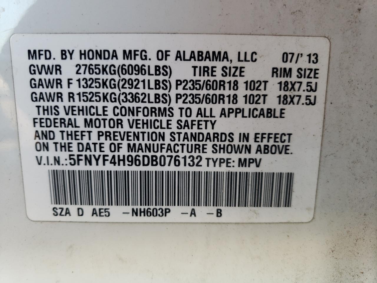 2013 Honda Pilot Touring VIN: 5FNYF4H96DB076132 Lot: 66791344