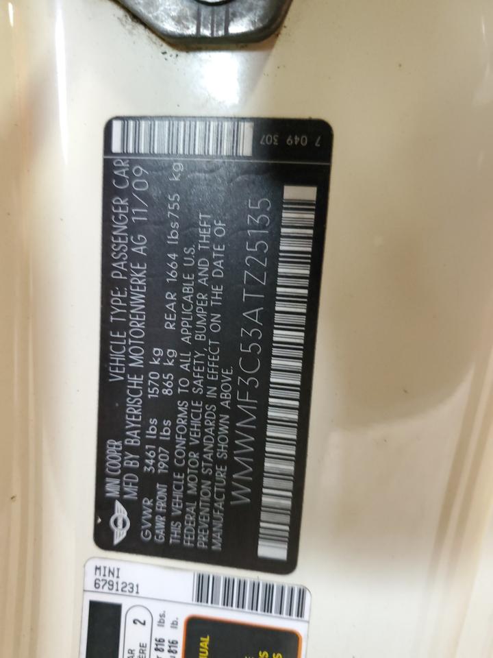 2010 Mini Cooper VIN: WMWMF3C53ATZ25135 Lot: 66155654