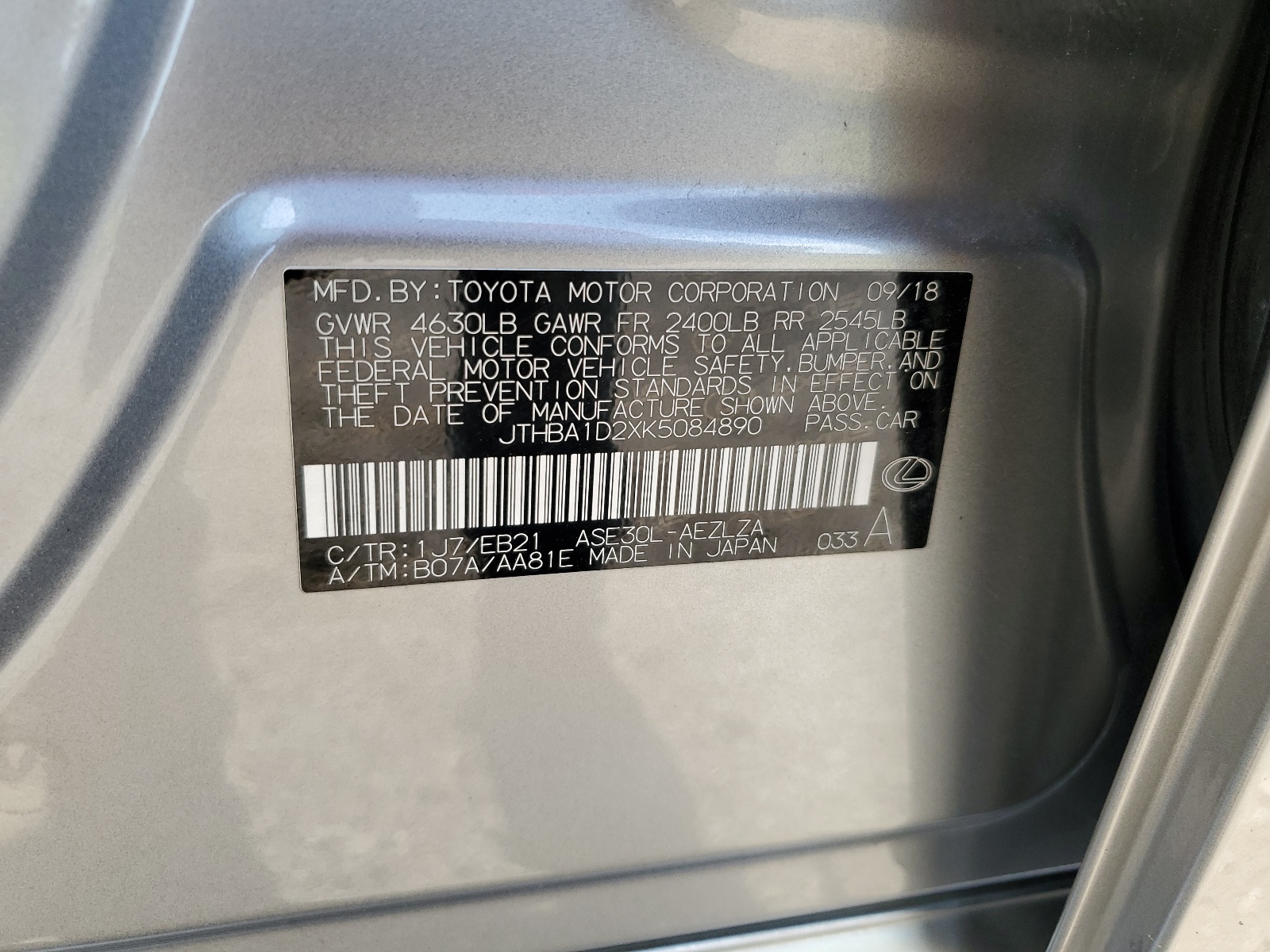 JTHBA1D2XK5084890 2019 Lexus Is 300