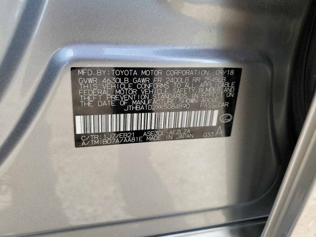 2019 Lexus Is 300 VIN: JTHBA1D2XK5084890 Lot: 65671424