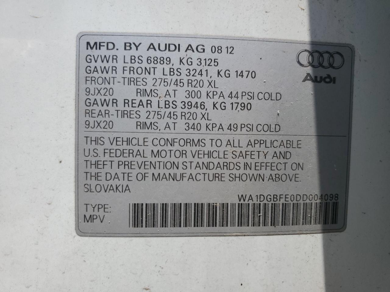 2013 Audi Q7 Prestige VIN: WA1DGBFE0DD004098 Lot: 65557304