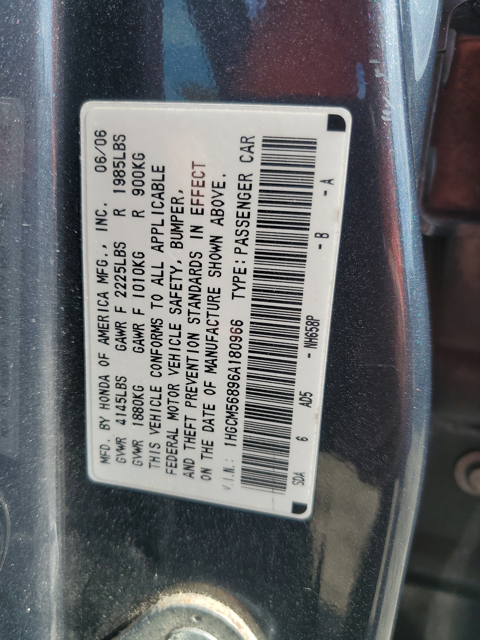 1HGCM56896A180966 2006 Honda Accord Ex