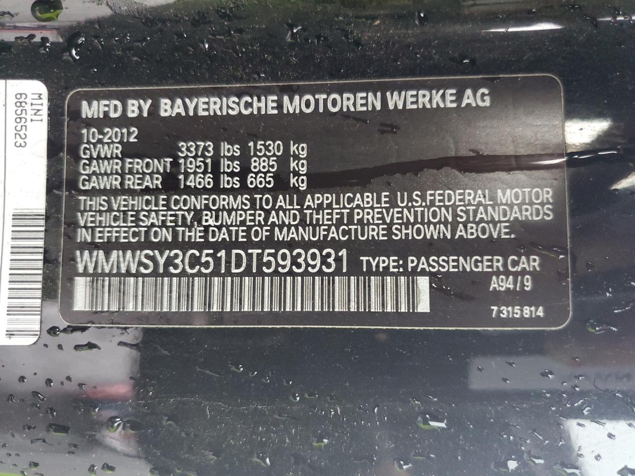 2013 Mini Cooper Roadster S VIN: WMWSY3C51DT593931 Lot: 65054314