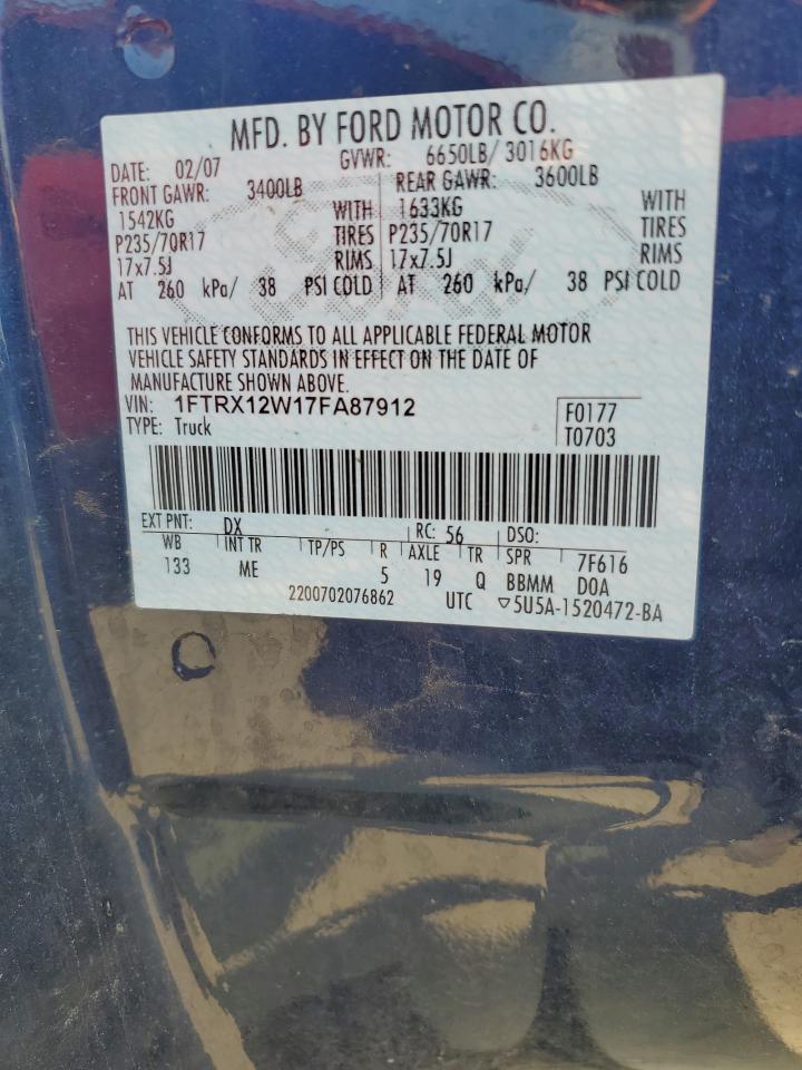 2007 Ford F150 VIN: 1FTRX12W17FA87912 Lot: 65895084