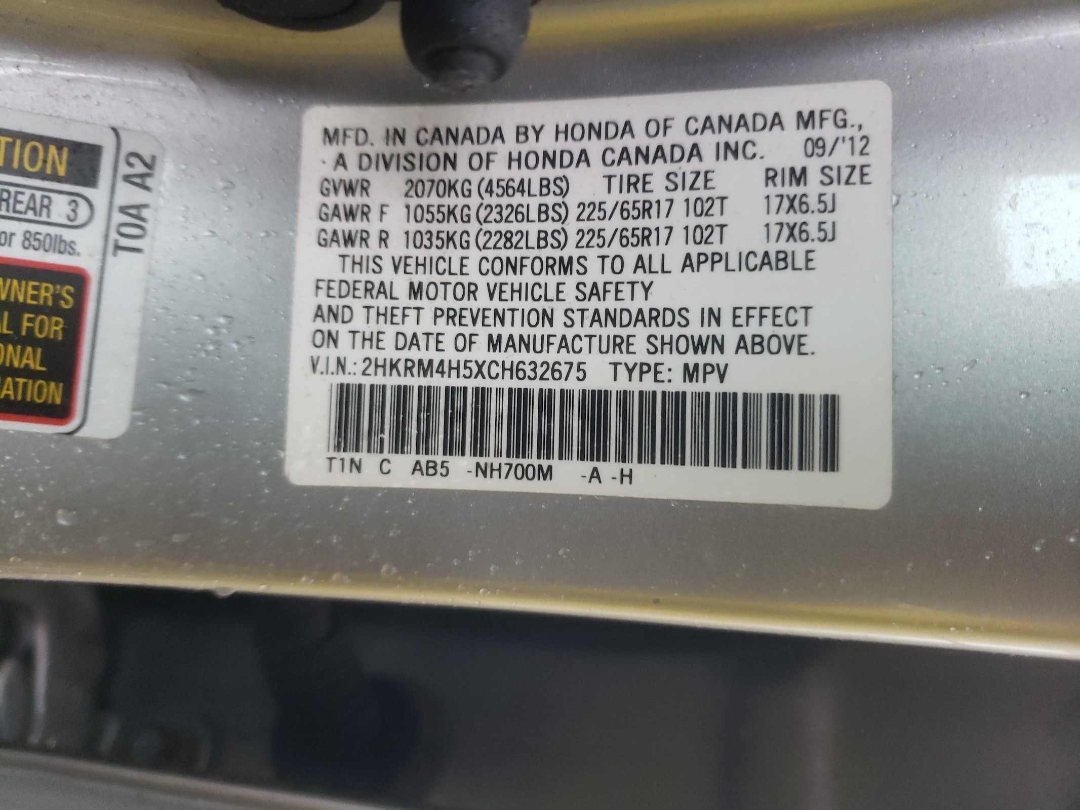 2HKRM4H5XCH632675 2012 Honda Cr-V Ex