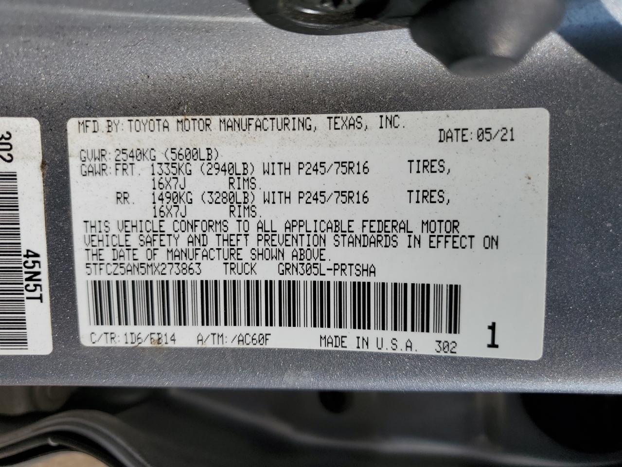 2021 Toyota Tacoma Double Cab VIN: 5TFCZ5AN5MX273863 Lot: 65803304