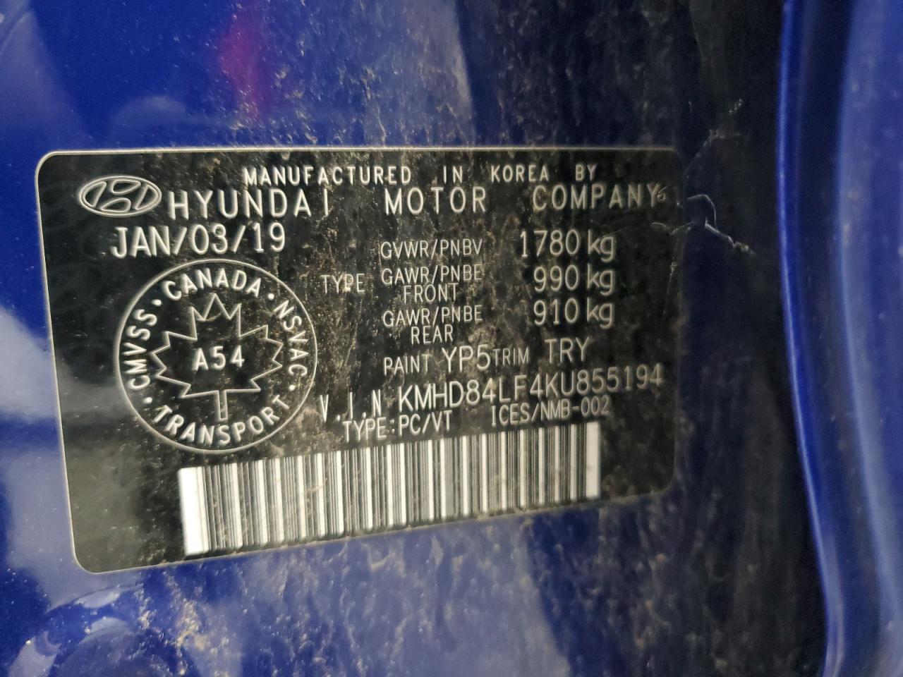 2019 Hyundai Elantra Sel VIN: KMHD84LF4KU855194 Lot: 68017494
