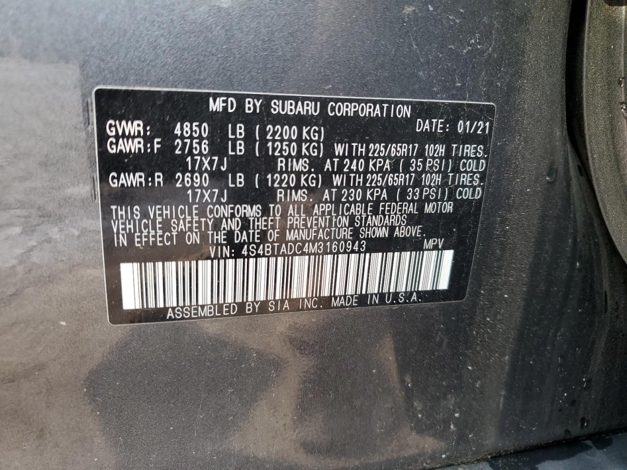 4S4BTADC4M3160943 2021 Subaru Outback Premium