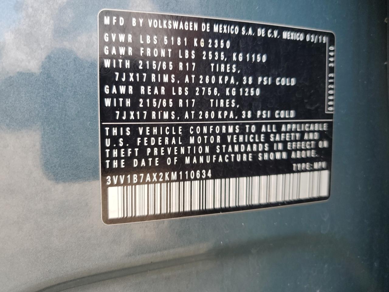 2019 Volkswagen Tiguan S VIN: 3VV1B7AX2KM110634 Lot: 66471104