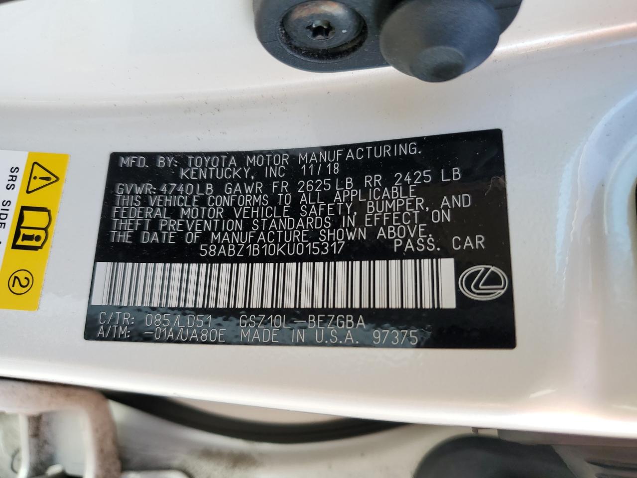 2019 Lexus Es 350 VIN: 58ABZ1B10KU015317 Lot: 68450694