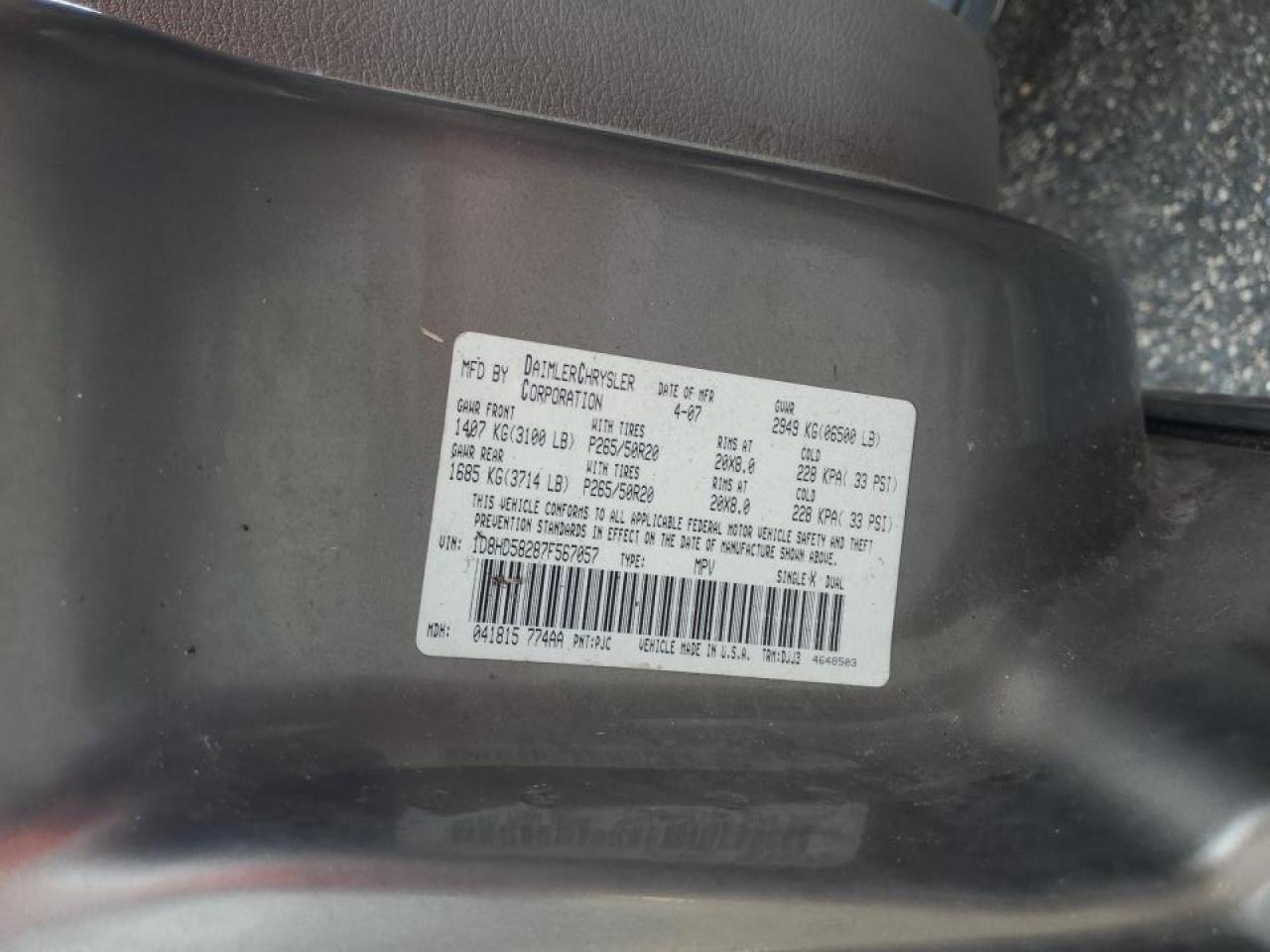 2007 Dodge Durango Limited VIN: 1D8HD58287F567057 Lot: 67452564