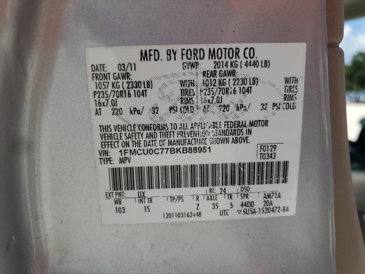 1FMCU0C77BKB88951 2011 Ford Escape Xls