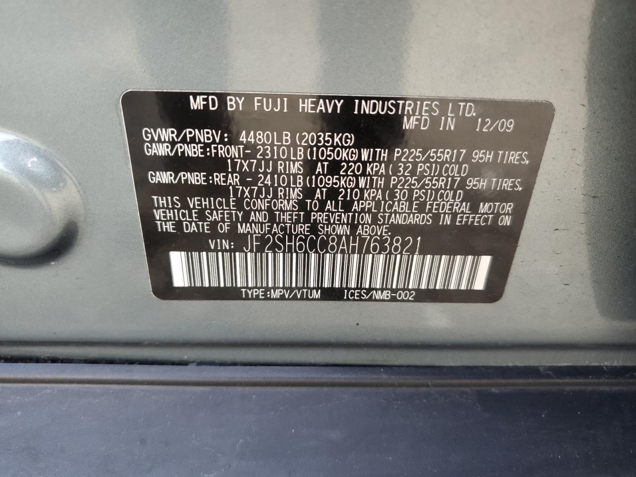 2010 Subaru Forester 2.5X Premium VIN: JF2SH6CC8AH763821 Lot: 68681124