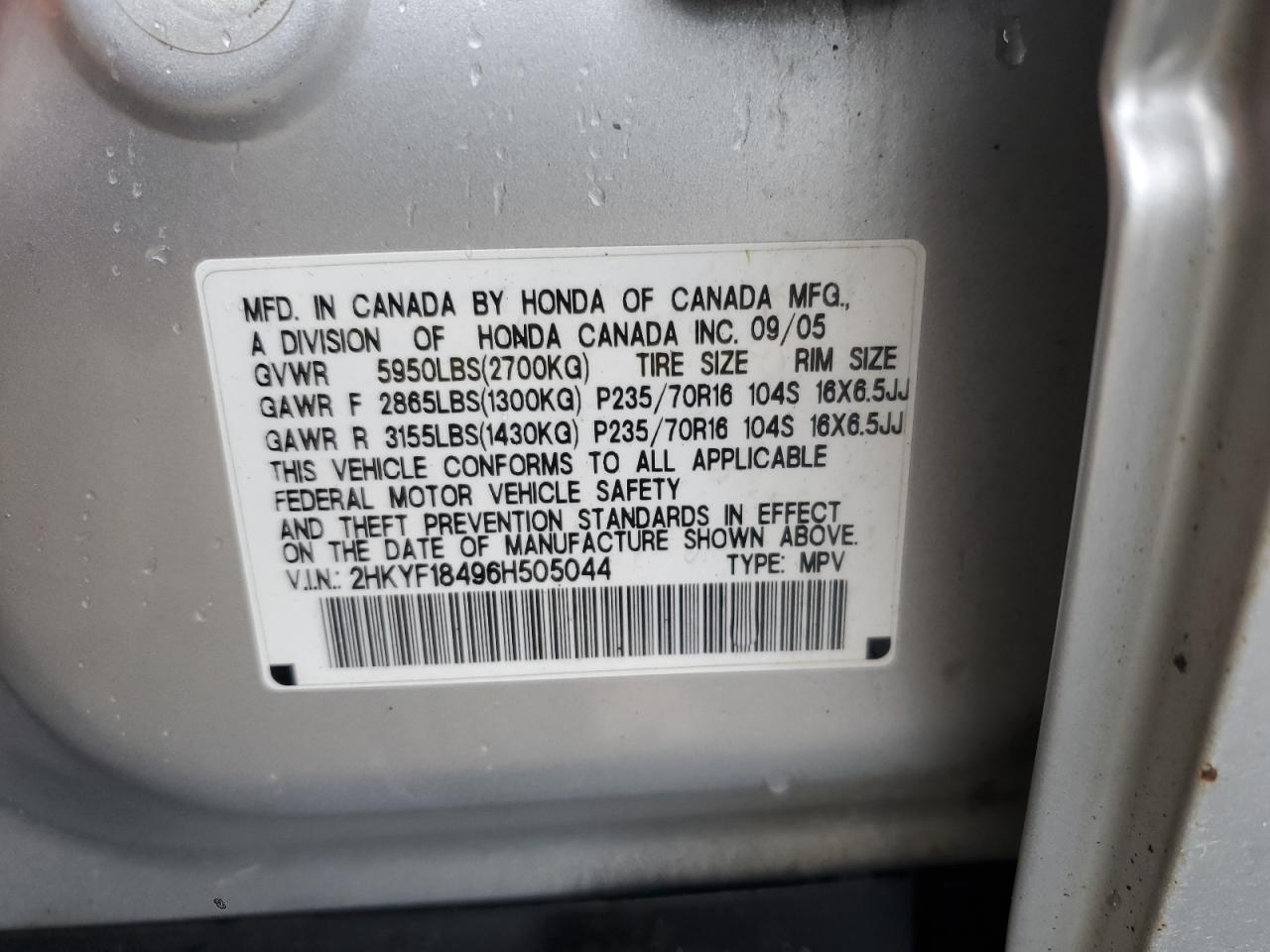 2006 Honda Pilot Ex VIN: 2HKYF18496H505044 Lot: 66555214