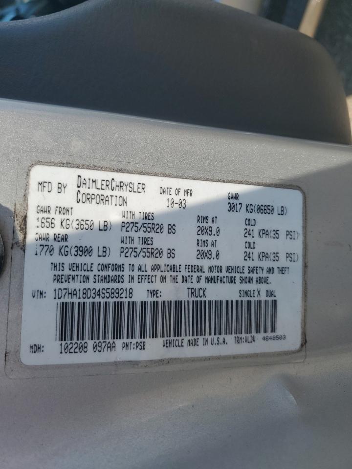2004 Dodge Ram 1500 St VIN: 1D7HA18D34S589218 Lot: 67955064