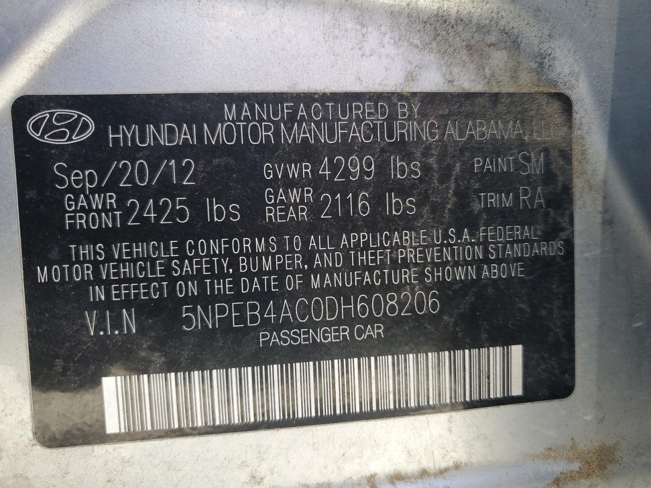 2013 Hyundai Sonata Gls VIN: 5NPEB4AC0DH608206 Lot: 66586474