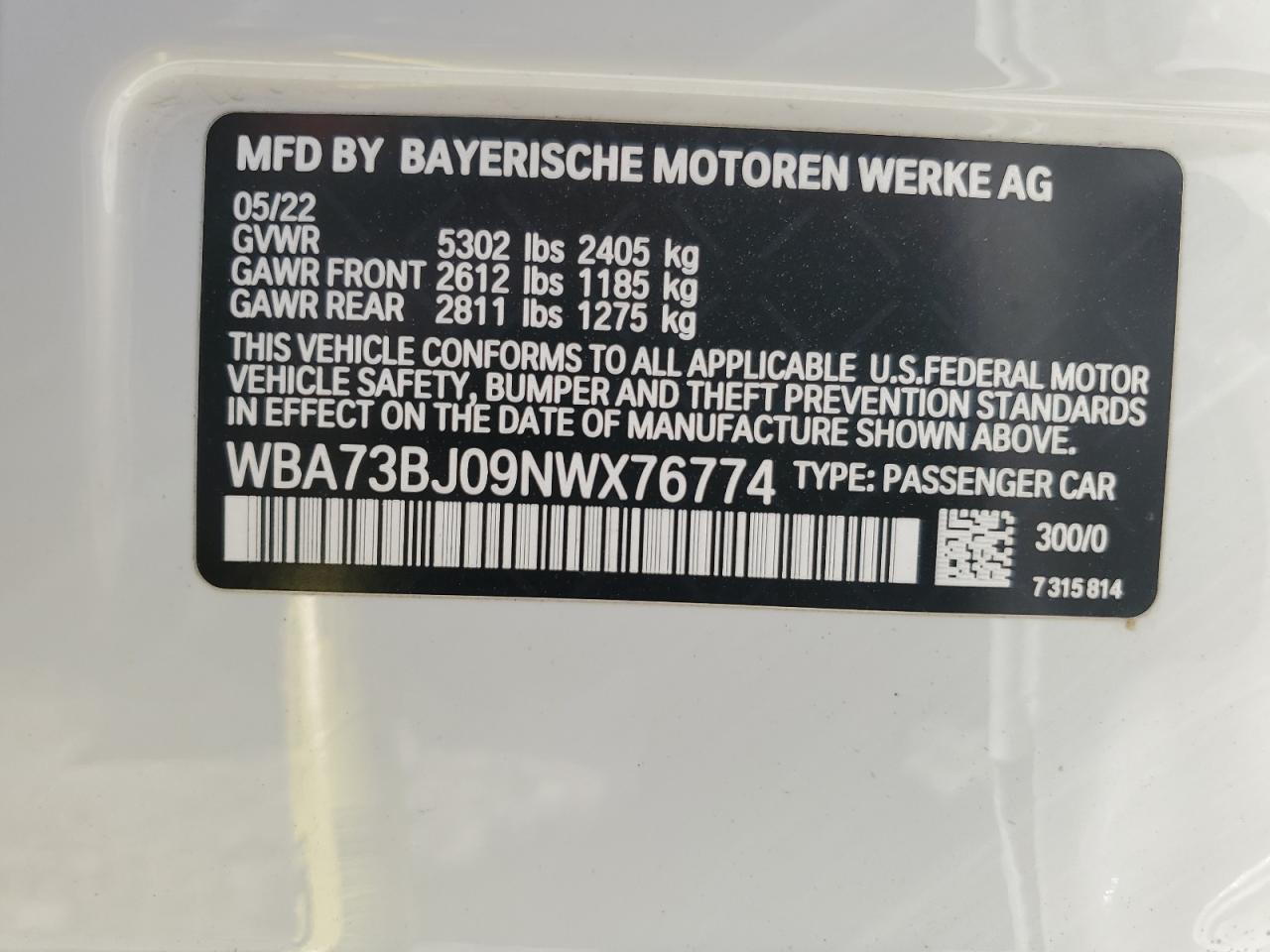 WBA73BJ09NWX76774 2022 BMW 540 Xi