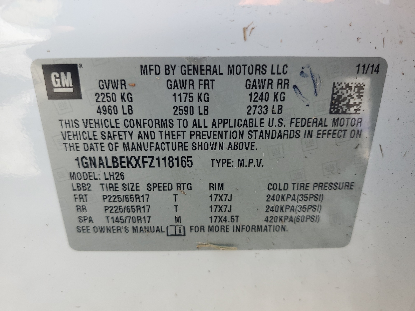 1GNALBEKXFZ118165 2015 Chevrolet Equinox Lt