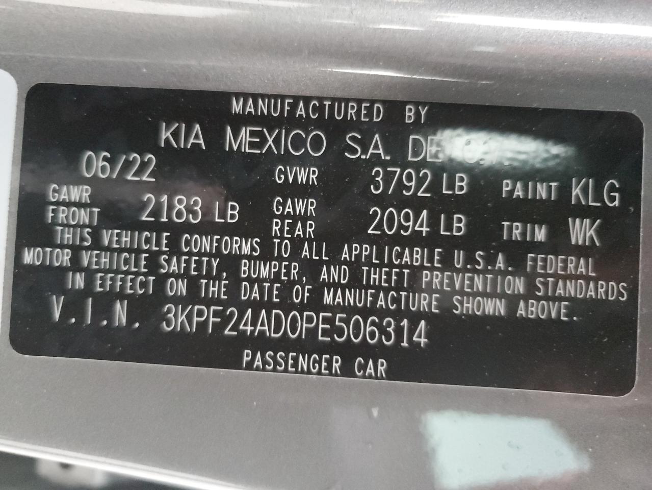 2023 Kia Forte Lx VIN: 3KPF24AD0PE506314 Lot: 69108664