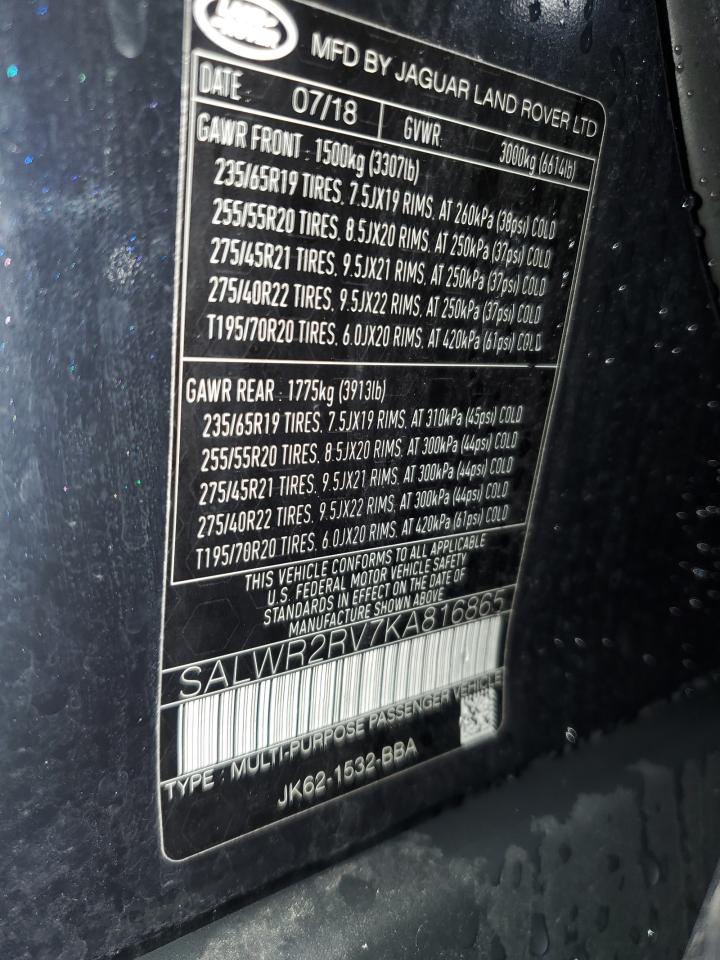 2019 Land Rover Range Rover Sport Hse VIN: SALWR2RV7KA816865 Lot: 64517994
