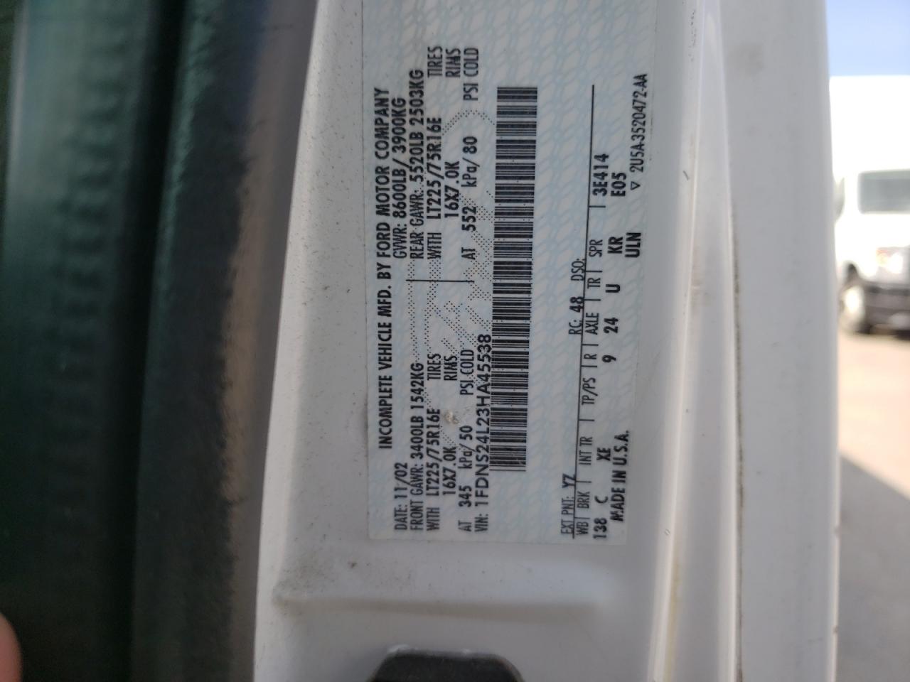 2003 Ford Econoline E250 Van VIN: 1FDNS24L23HA45538 Lot: 66942524