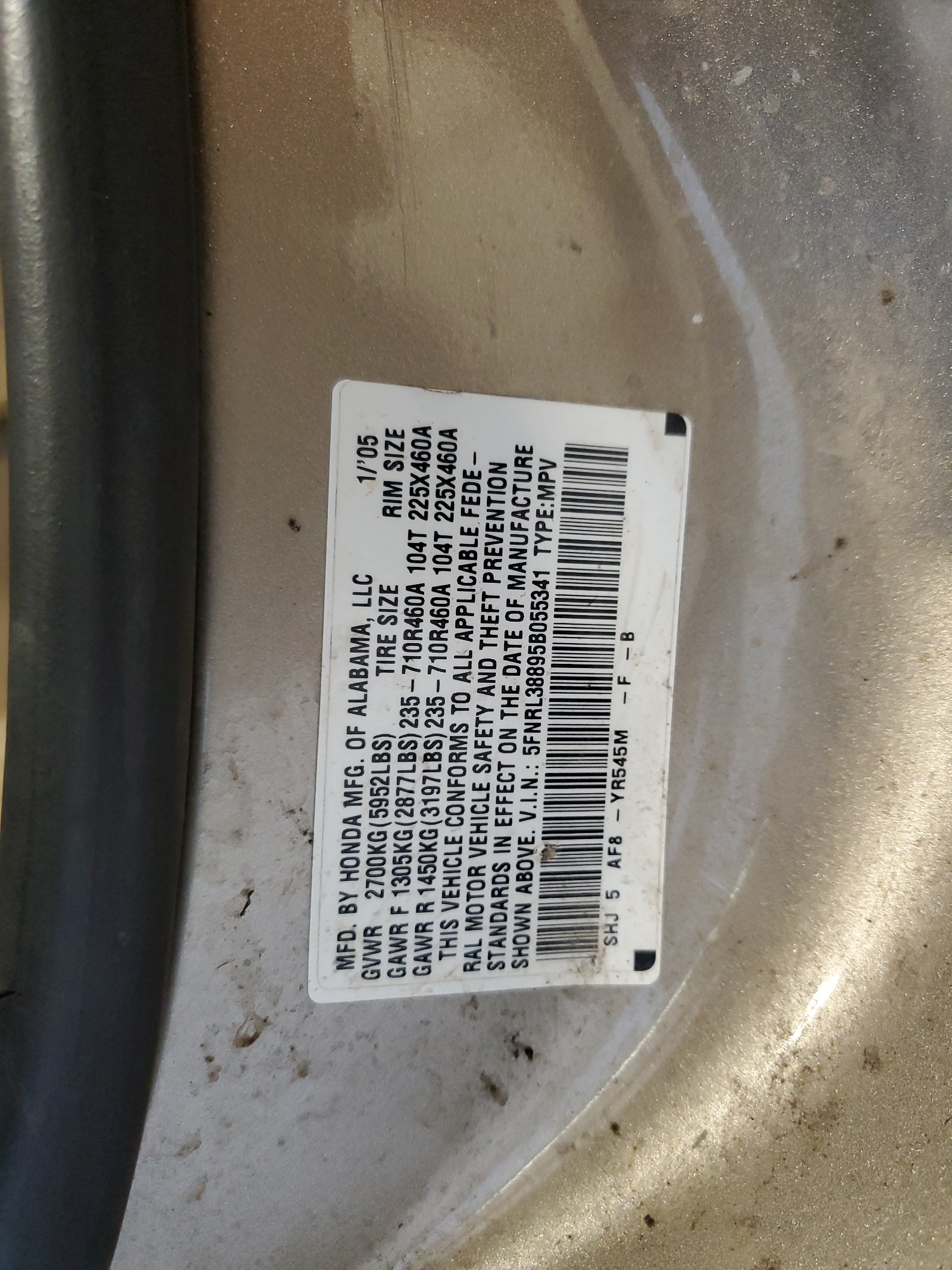 5FNRL38895B055341 2005 Honda Odyssey Touring