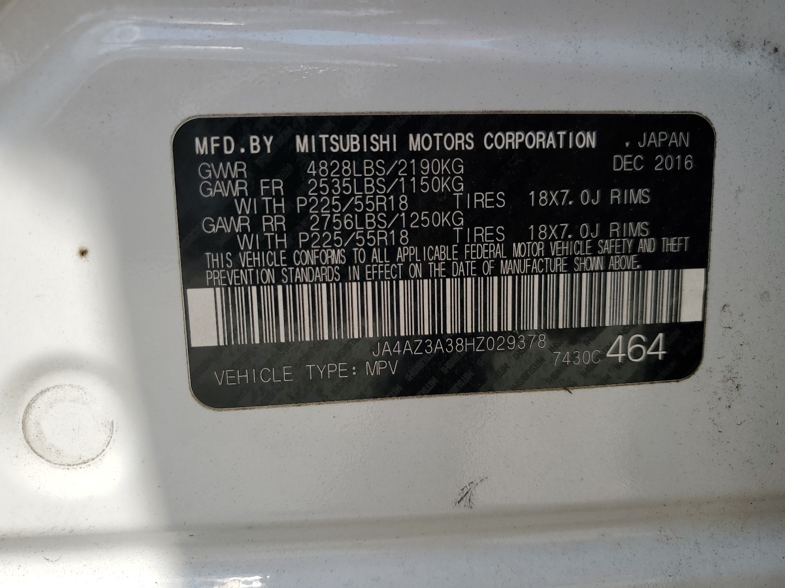 JA4AZ3A38HZ029378 2017 Mitsubishi Outlander Se