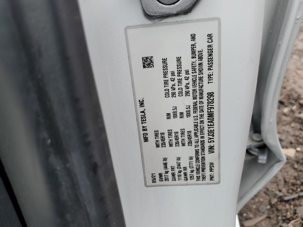 5YJ3E1EA0MF978298 2021 Tesla Model 3