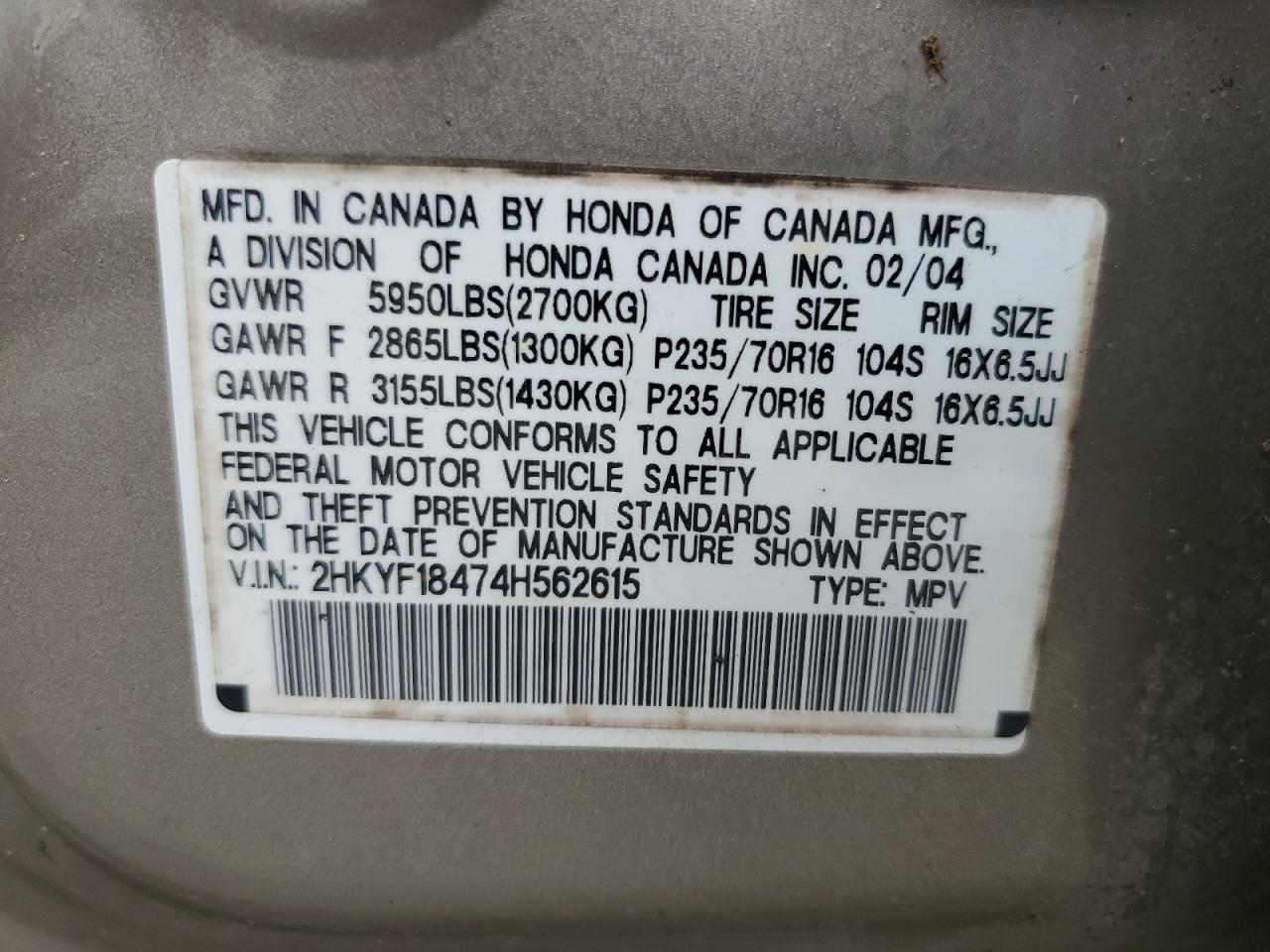 2HKYF18474H562615 2004 Honda Pilot Ex