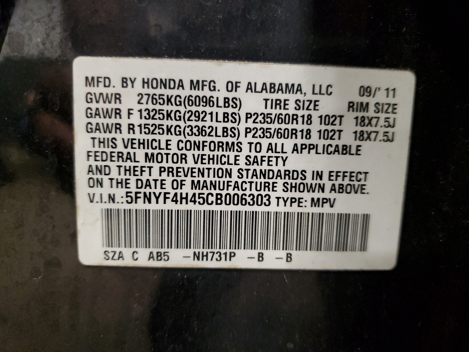 5FNYF4H45CB006303 2012 Honda Pilot Ex