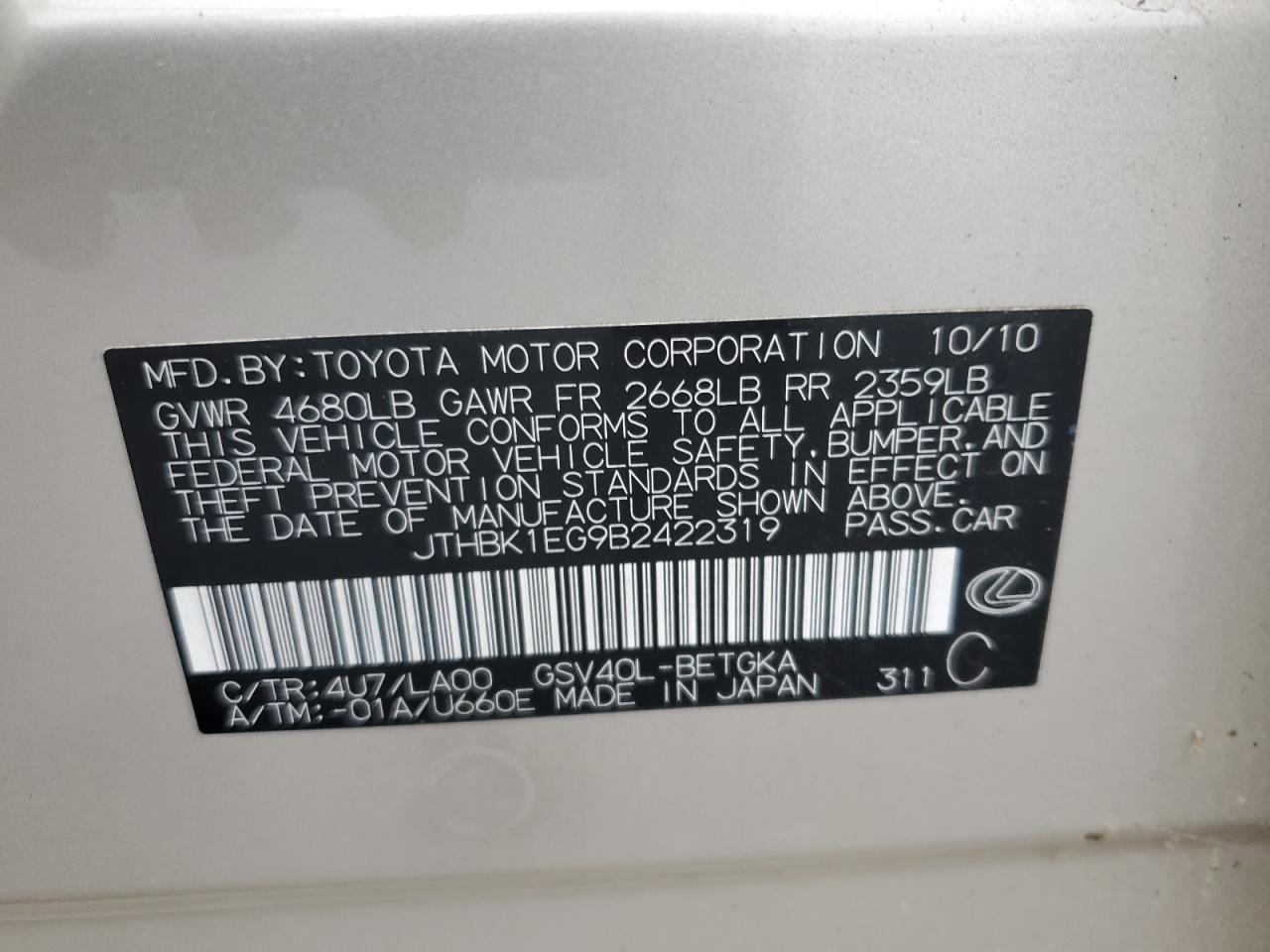 2011 Lexus Es 350 VIN: JTHBK1EG9B2422319 Lot: 66944714