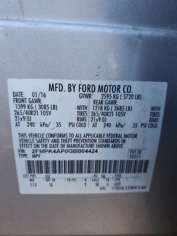 2016 Ford Edge Sport VIN: 2FMPK4AP0GBB04424 Lot: 67343994