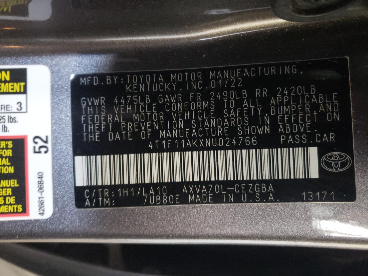 4T1F11AKXNU024766 2022 Toyota Camry Xle