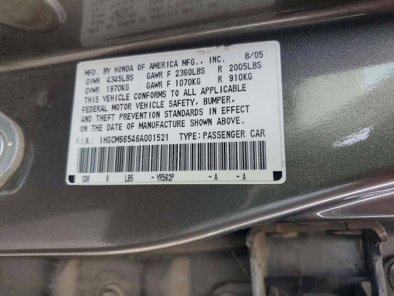 2006 Honda Accord Ex VIN: 1HGCM66546A001521 Lot: 68574434