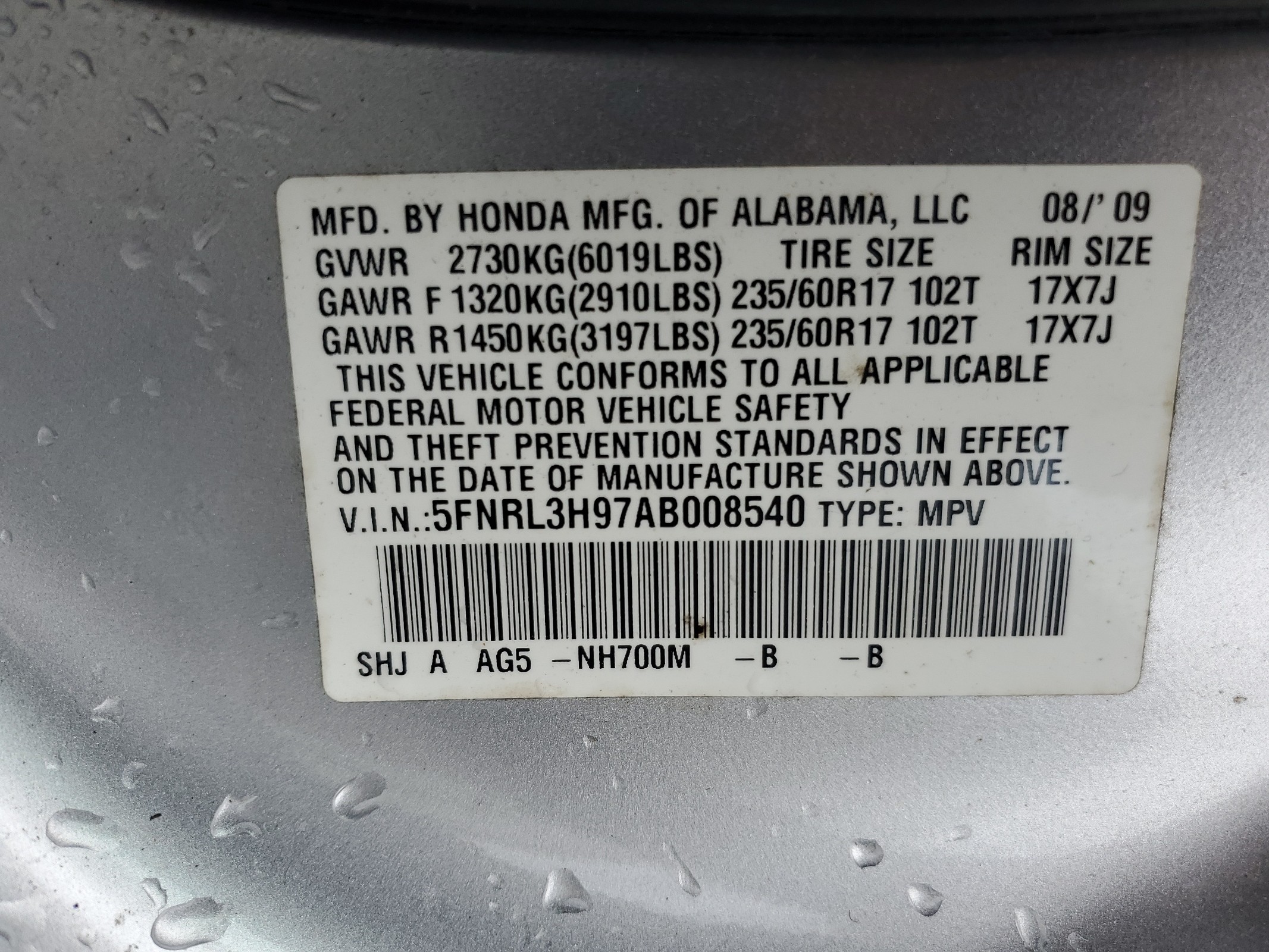 5FNRL3H97AB008540 2010 Honda Odyssey Touring