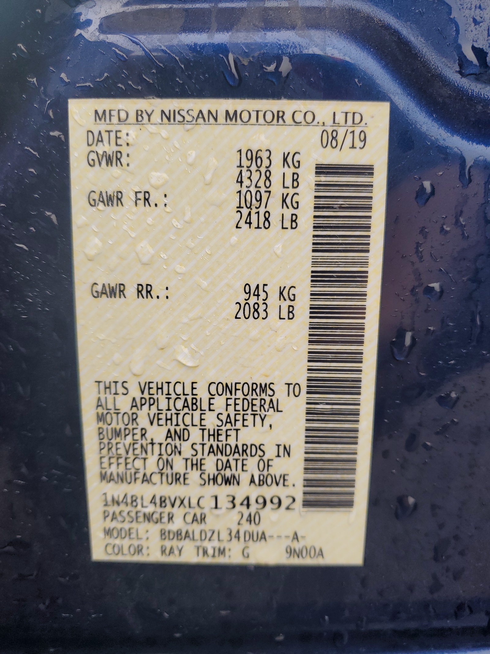 1N4BL4BVXLC134992 2020 Nissan Altima S 1N4BL4BVXLC134992 2020 Nissan Altima S
