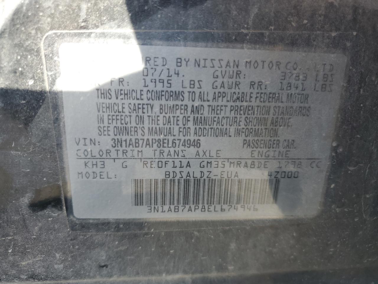 3N1AB7AP8EL674946 2014 Nissan Sentra S