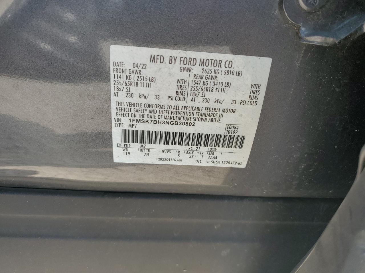 2022 Ford Explorer VIN: 1FMSK7BH3NGB30802 Lot: 68904634