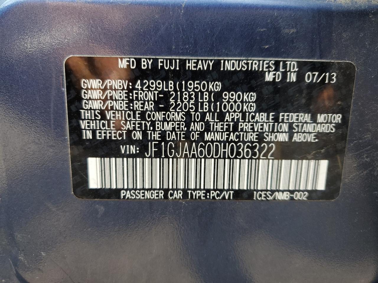 2013 Subaru Impreza VIN: JF1GJAA60DH036322 Lot: 66905844