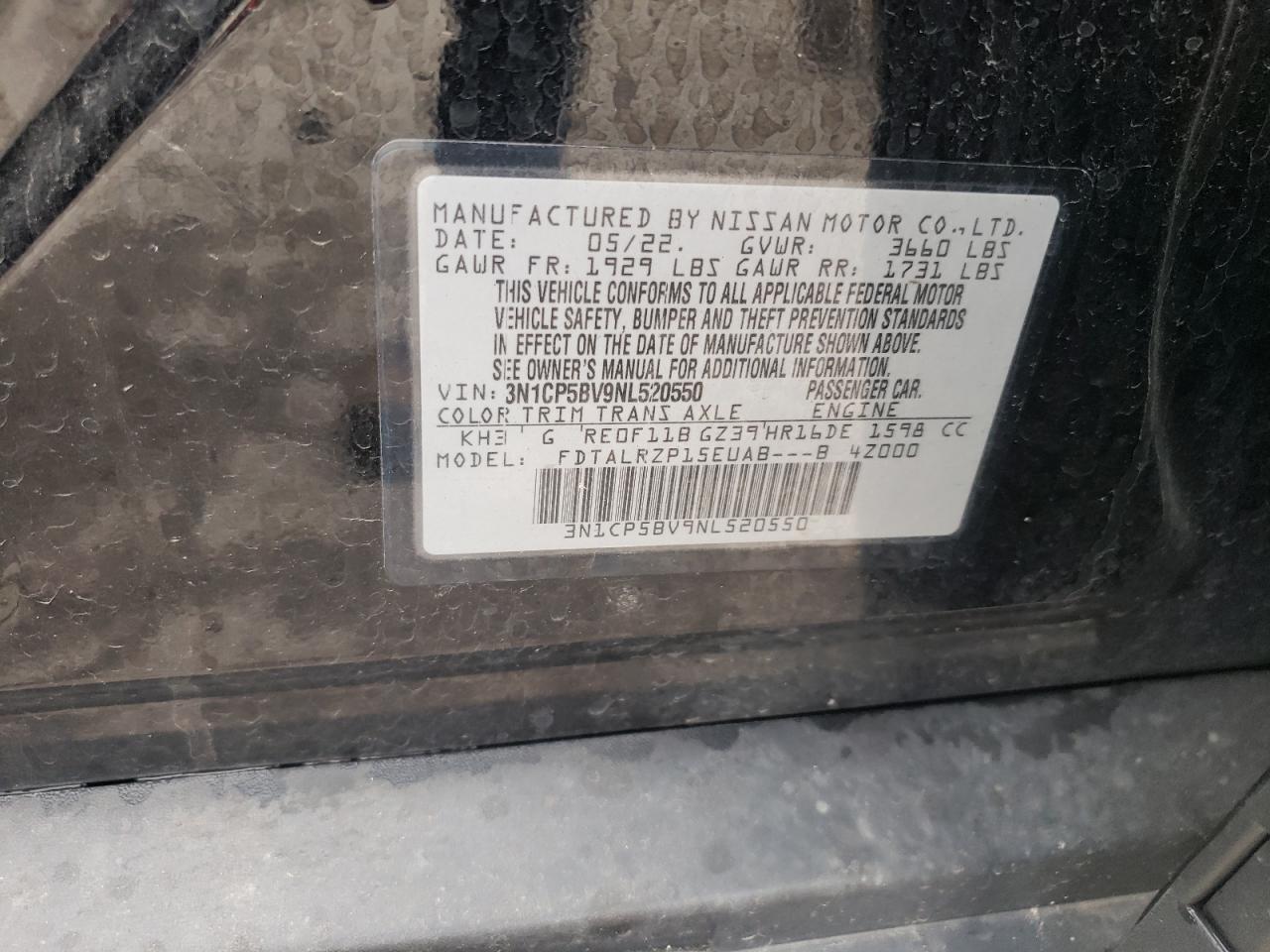 2022 Nissan Kicks S VIN: 3N1CP5BV9NL520550 Lot: 69202224