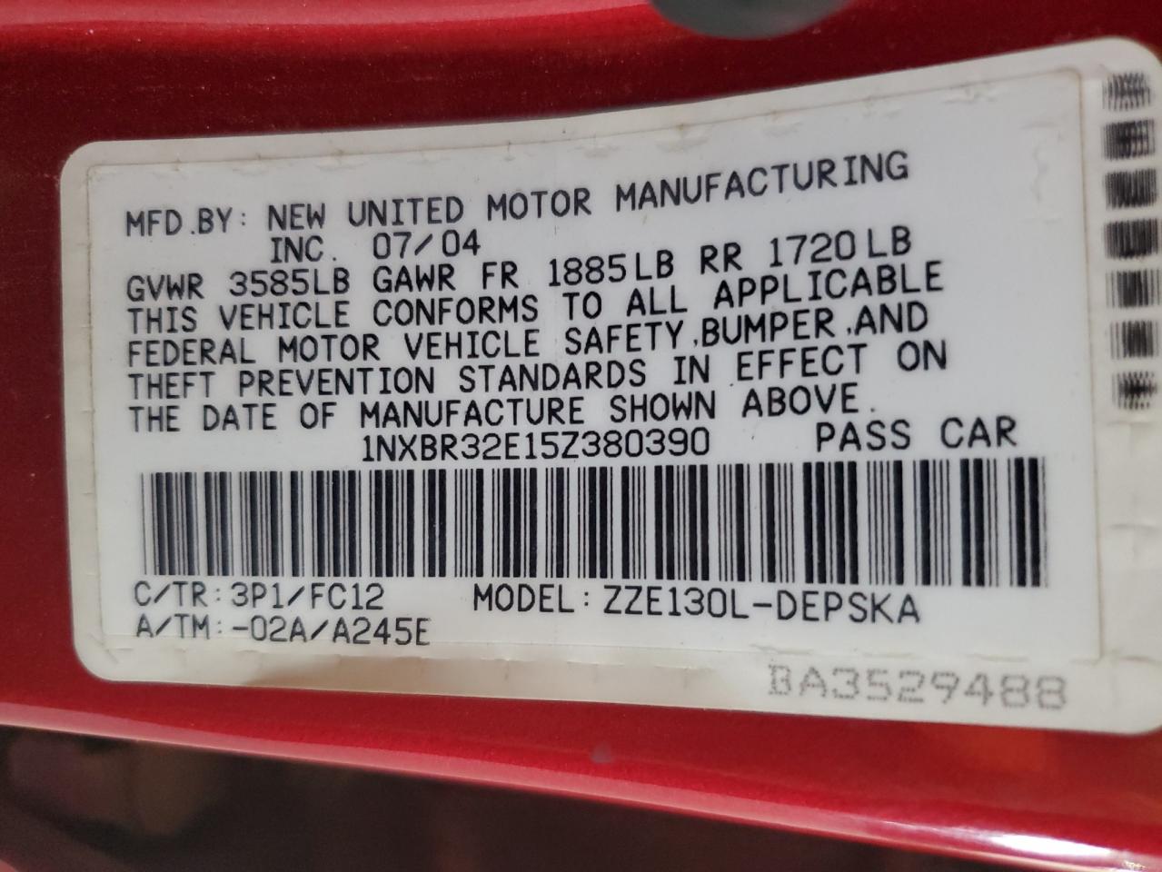 2005 Toyota Corolla Ce VIN: 1NXBR32E15Z380390 Lot: 66084394